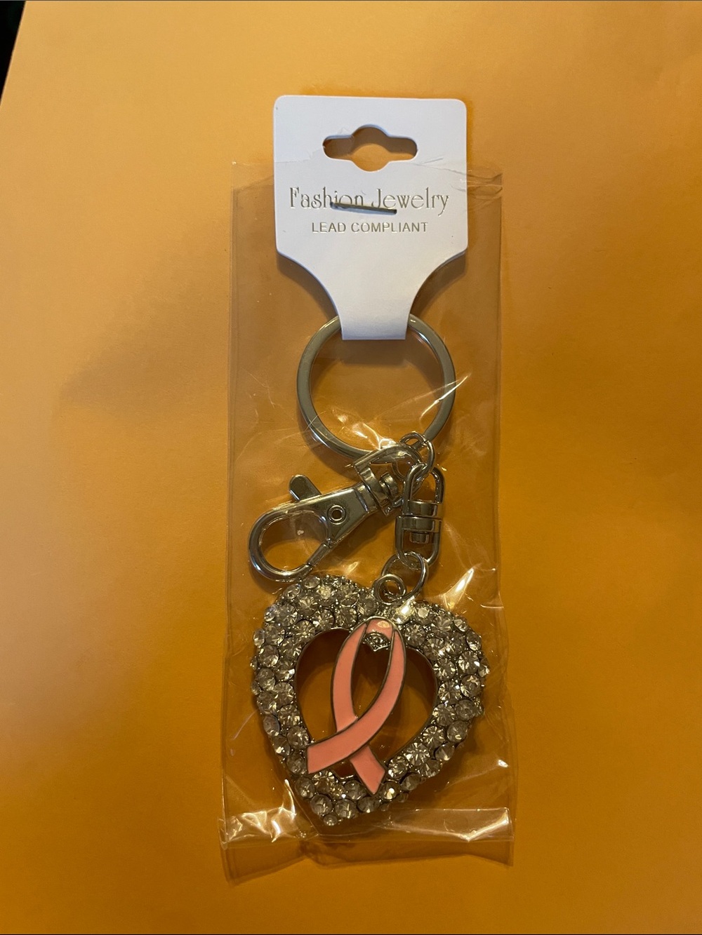 Source Unknown Pink Ribbon Crystal Heart Keychain
